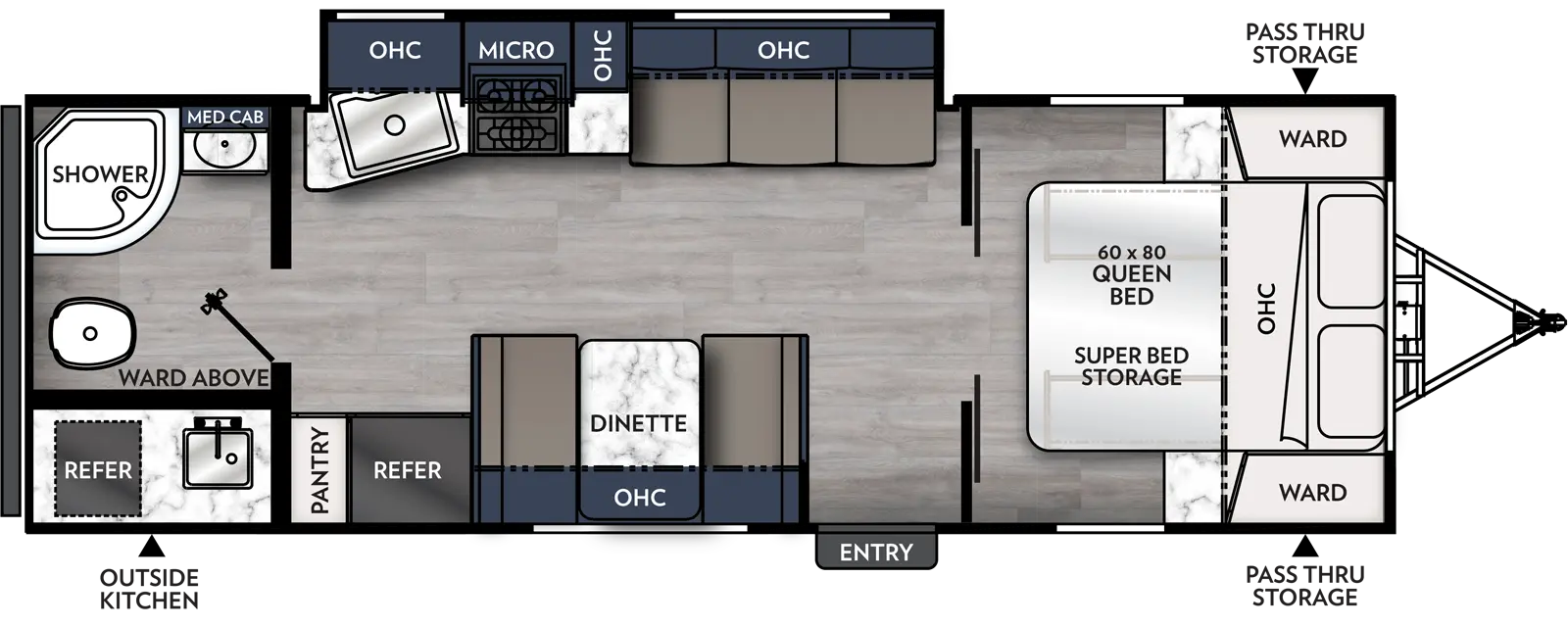 The 251RBK has one slide out on the off-door side and one entry door on the door side. Interior layout from front to back: front bedroom with foot facing queen bed, overhead cabinet, and wardrobes on either side of the bed; entertainment center between bedroom and kitchen living dining area. Off-door side slide out containing sofa with overhead cabinet and kitchen containing cook top stove, microwave overhead, sink, and overhead cabinet; Door side booth dinette with cabinets over head, refrigerator and pantry; and off-door side rear bathroom with a wardrobe, toilet, shower and medicine cabinet. Outside kitchen includes mini refrigerator and single bowl sink. 